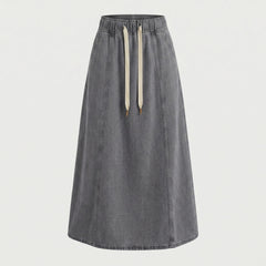 Elastic Waist Drawstring Flared Denim Maxi Skirt