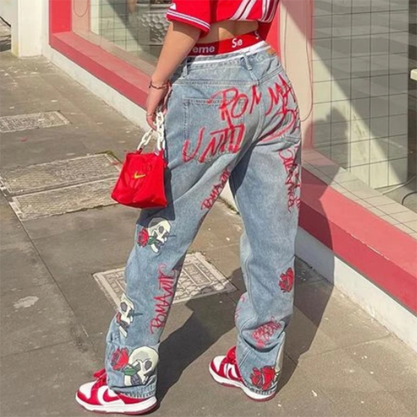 Skull Flowers Print Boyfriend Jeans - fairypeony