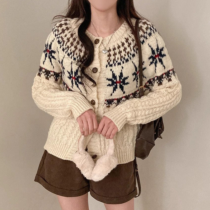 Snowflake Jacquard Print Cable Knit Cardigan