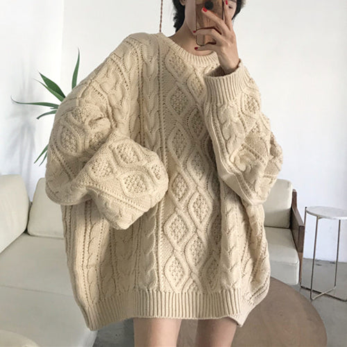 Solid Cable Knit Pullover Sweater - fairypeony