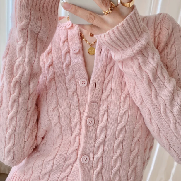 Solid Color Cable Knit Cardigan