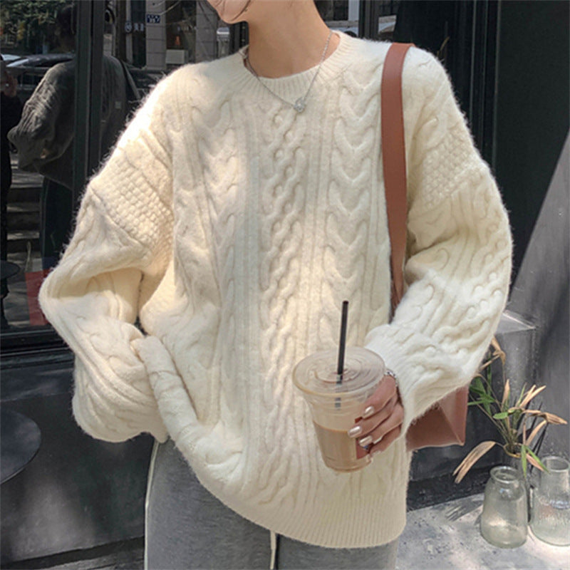 Solid Color Cable Knit Pullover Sweater - fairypeony