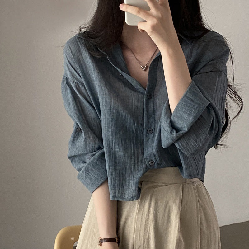 Solid Color Crop Oversized Long Sleeve Blouse