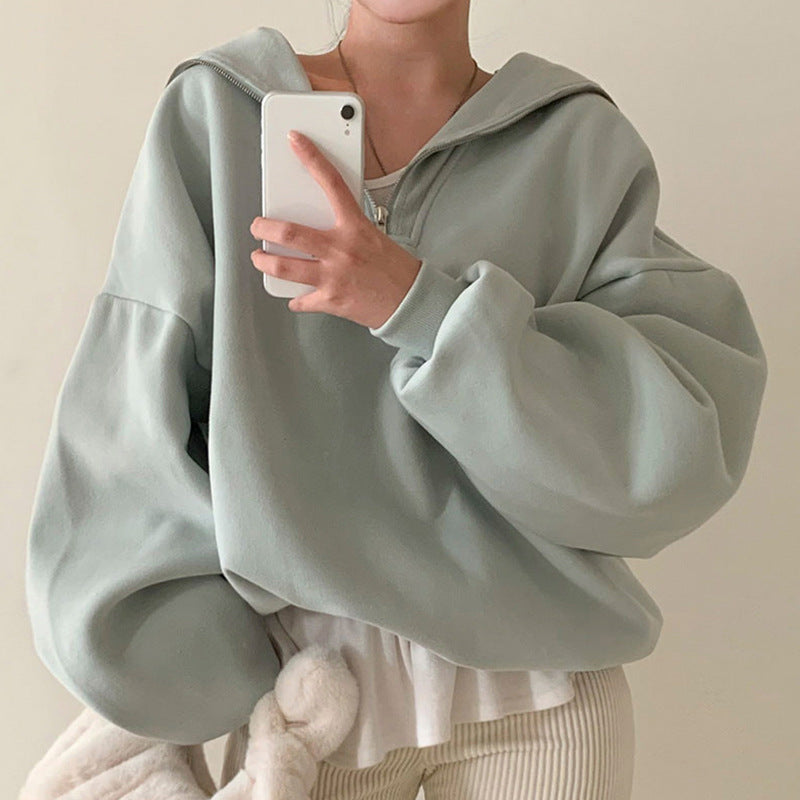 Solid Color Half Zip Up Oversized Sweatshirt - fairypeony
