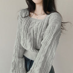 Solid Color Lantern Sleeve Square Collar Sweater