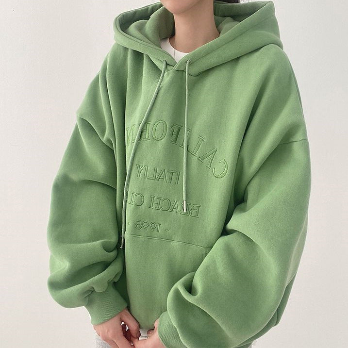 Solid Color Letter Embroidery Oversized Hoodie