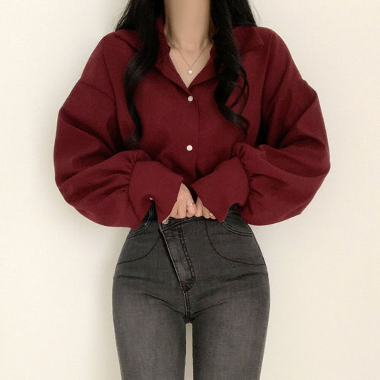 Solid Color Long sleeve Blouse - fairypeony