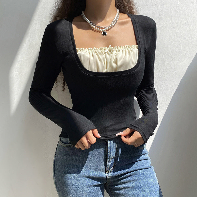 Solid Color Patchwork Long Sleeve Tee