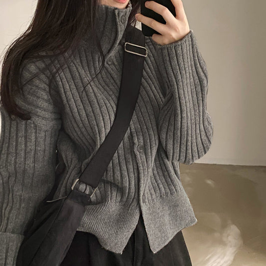 Solid Color Striped Button Front Cardigan - fairypeony