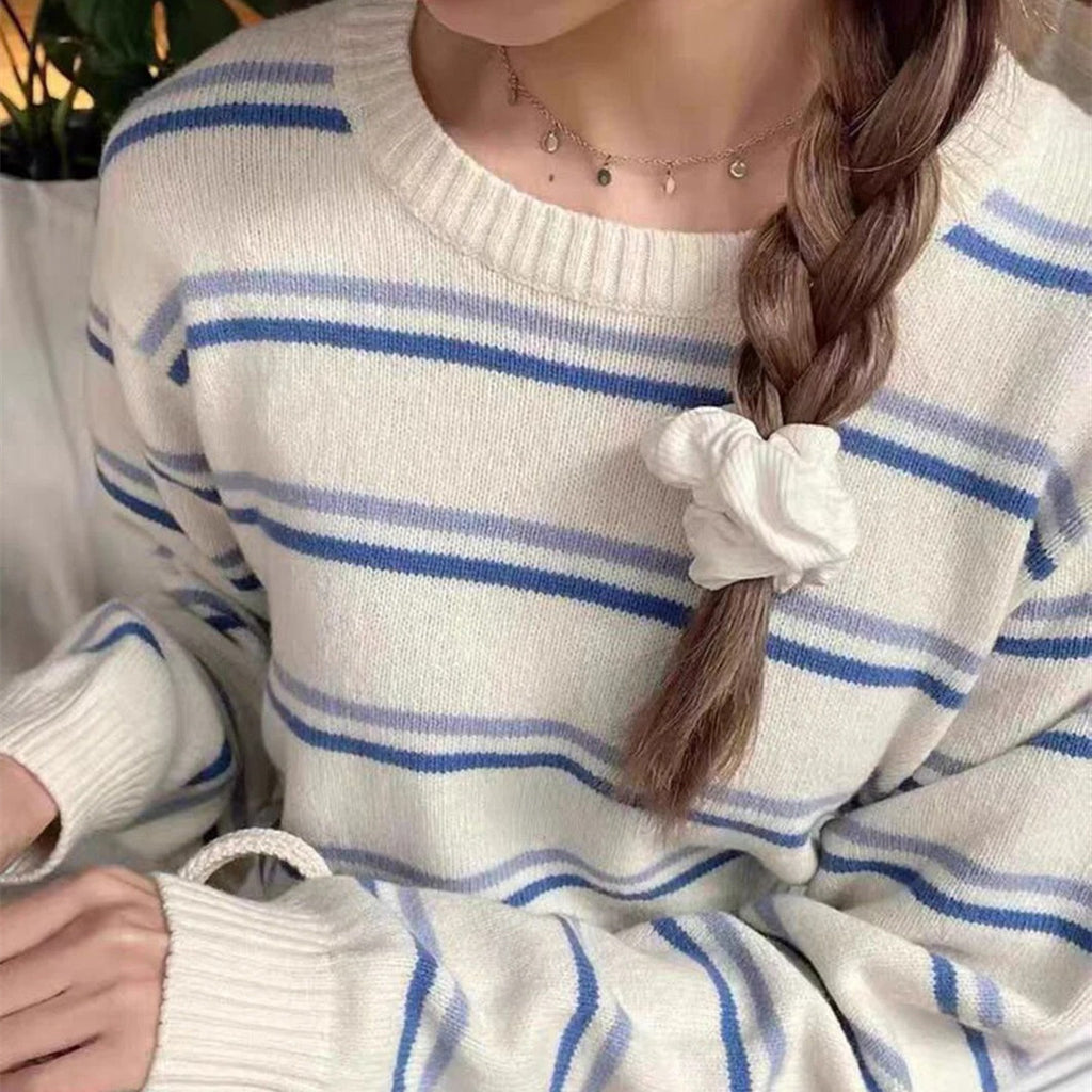 Solid Color Striped Crew Neck Sweater