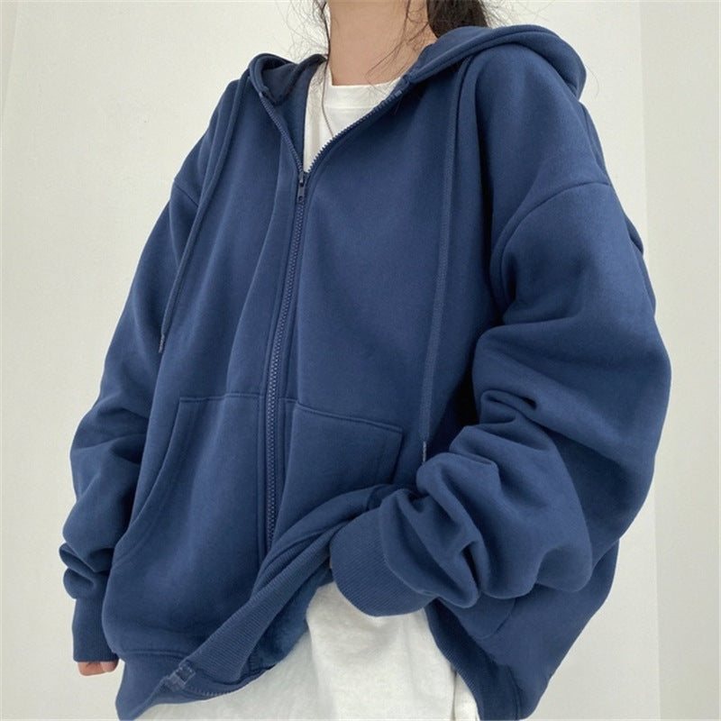 Solid Color Zip Up Oversized Hoodie - fairypeony