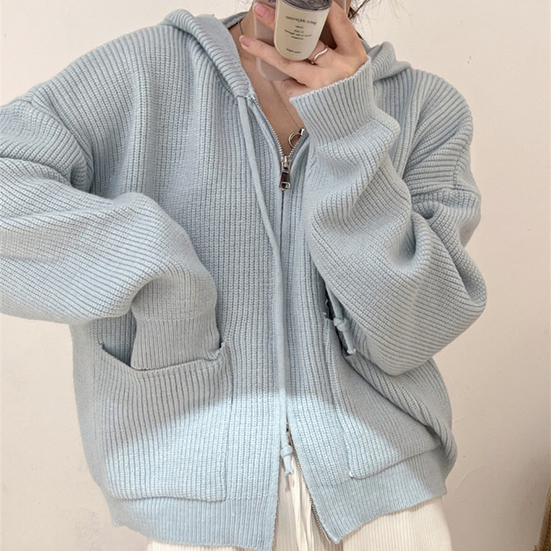 Solid Hooded Zip Up Knit Cardigan