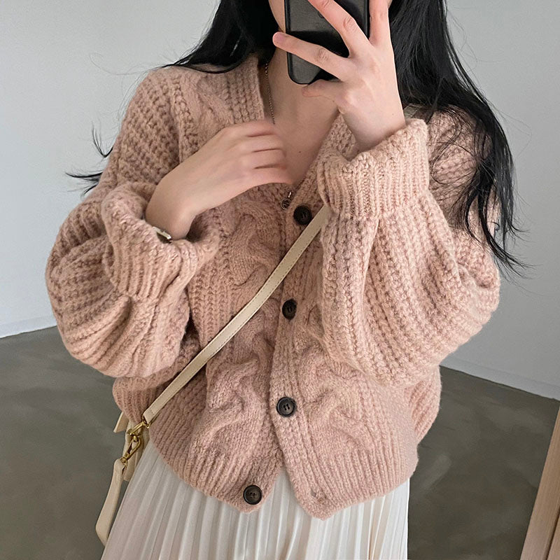 Solid V Neck Puff Sleeve Cable Knit Cardigan - fairypeony