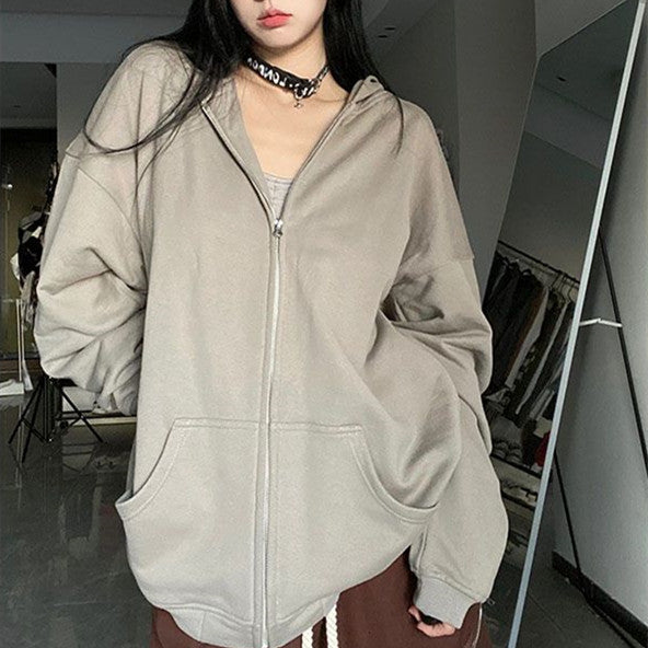 Solid Zip Up Oversized Hoodie - fairypeony