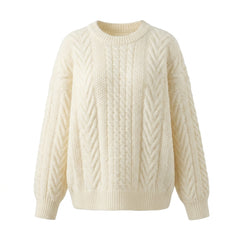 Cream-colored cable knit sweater on a white background