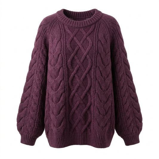 Purple cable knit sweater on a white background