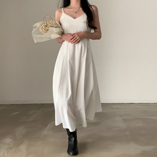 Solid Color Cami Lace Trim Maxi Dress