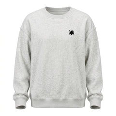 Gray sweatshirt with a small black logo on a white background
