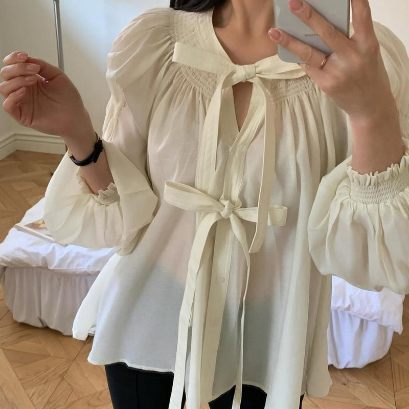 Solid Color Coquette Bow Tie Puff Long Sleeve Blouse