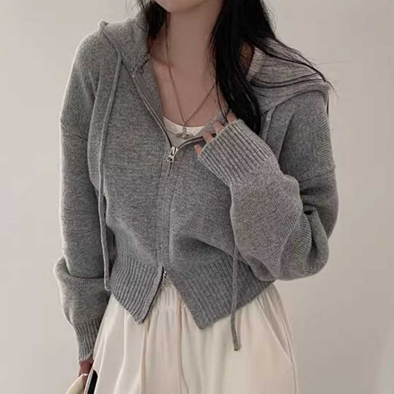 Solid Color Double Zipper Hooded Cardigan