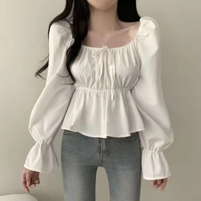 Solid Color Elastic Square Collar Puff Sleeve Blouse