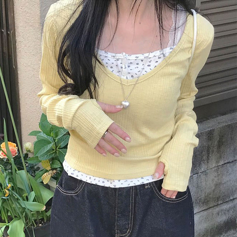 Solid Color Fake Two Piece Long Sleeve Tee