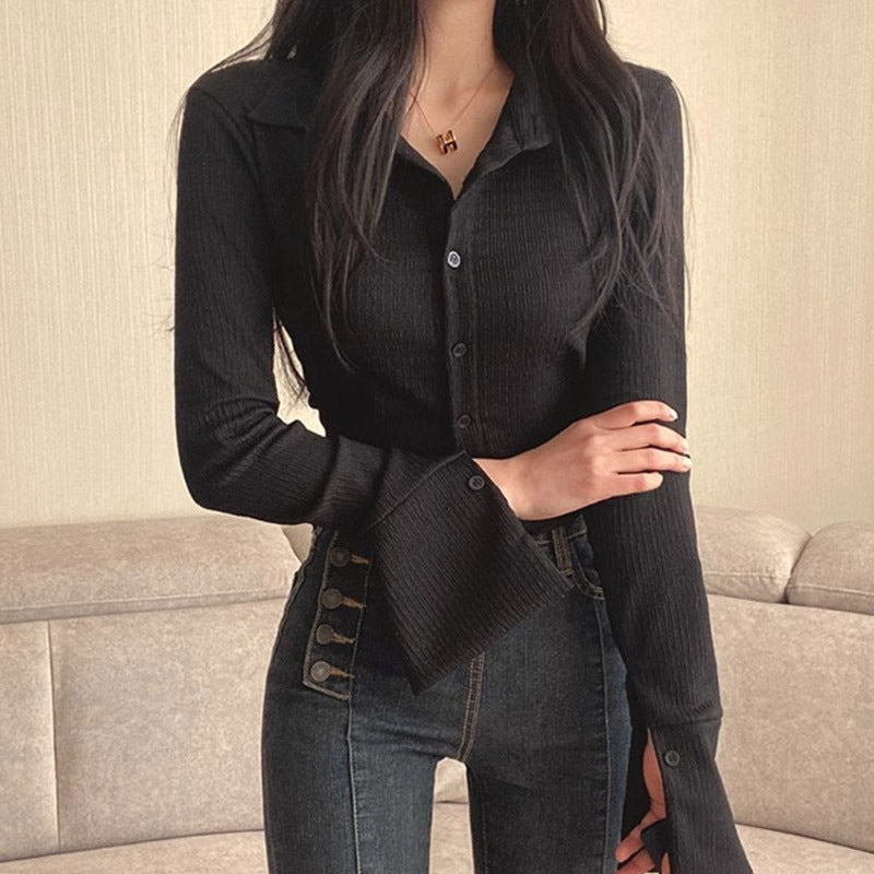 Solid Color Flare Long Sleeve Blouse
