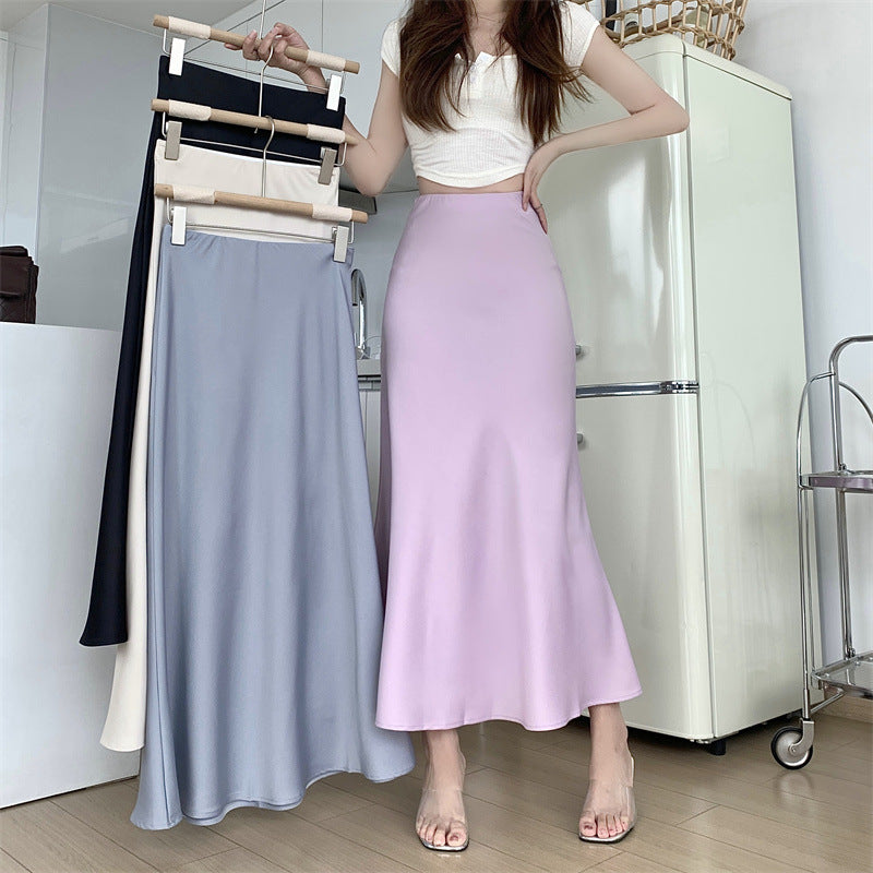 Solid Color Flared Satin Maxi Skirt