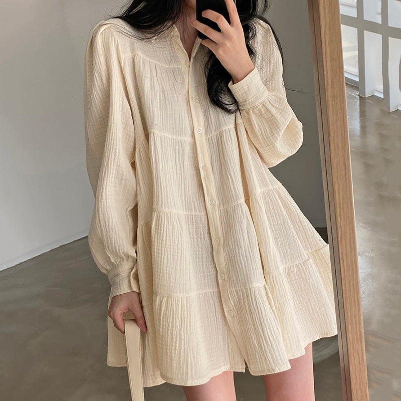 Solid Color Folded Loose Puff Sleeve Blouse