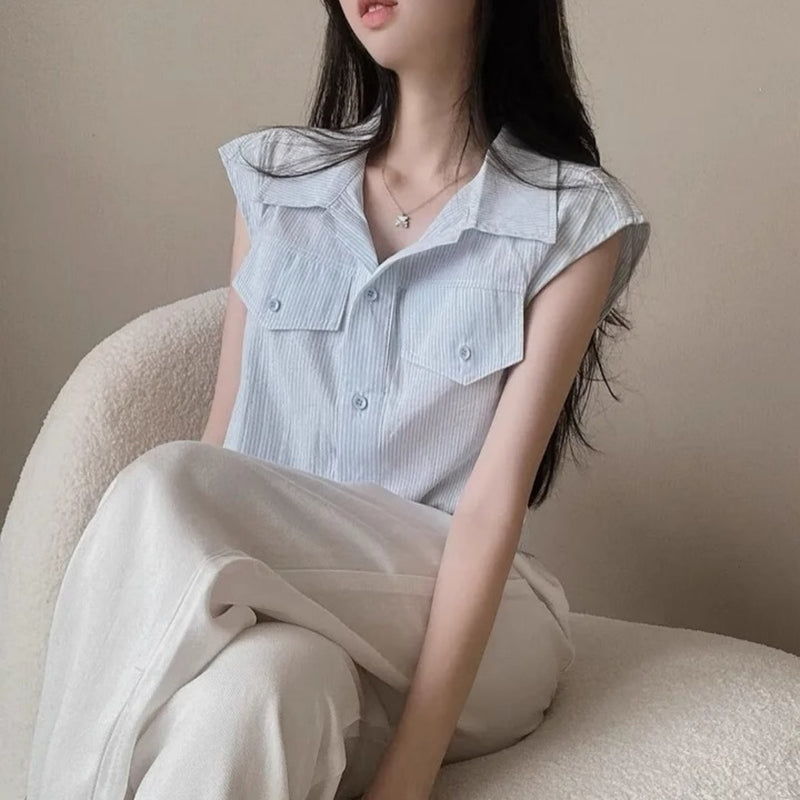 Solid Color Front Pocket Button Blouse