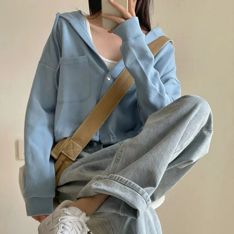 Solid Color Front Pocket Crop Button Hoodie
