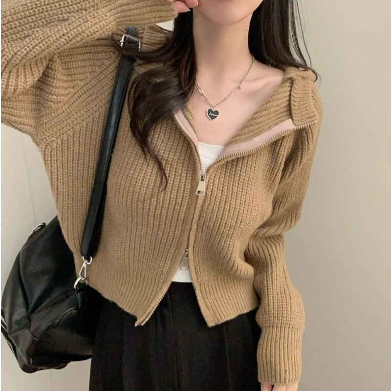 Solid Color Hooded Zip Up Knitted Cardigan