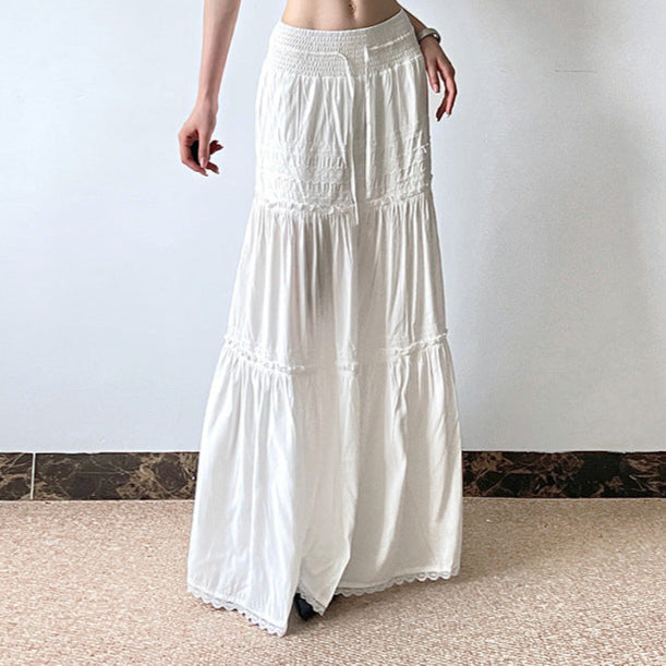Solid Color Lace Patchwork Umbrella Maxi Skirt