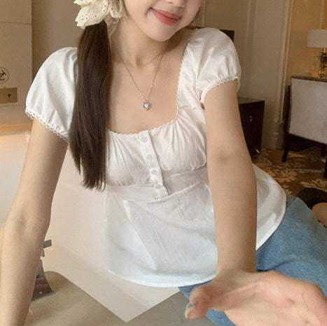 Solid Color Lace Trim Square-Neck Tee