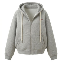Gray hoodie with a brand logo on a white background