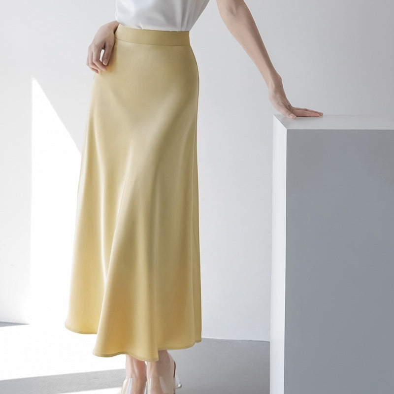 Solid Color Mid Length Satin Skirt
