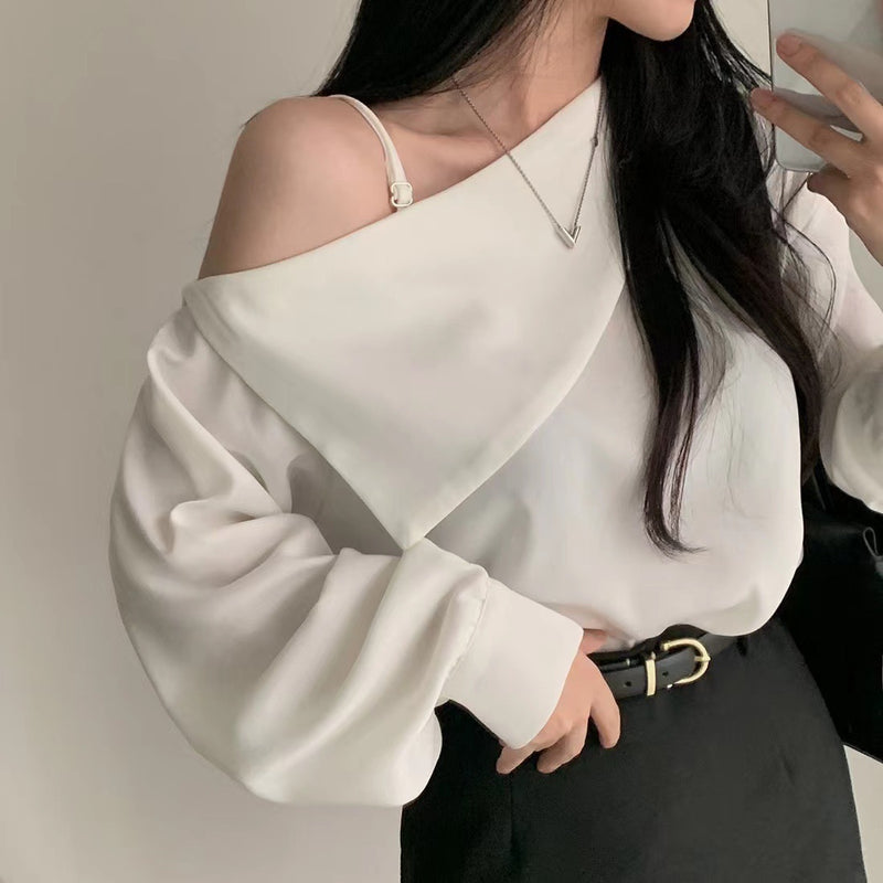 Solid Color Off-shoulder Long Sleeve Tee