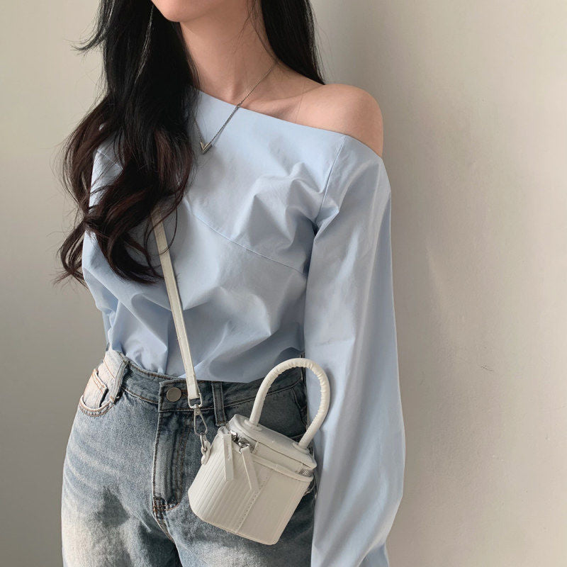 Solid Color Off-shoulder Oversized Long Sleeve Tee