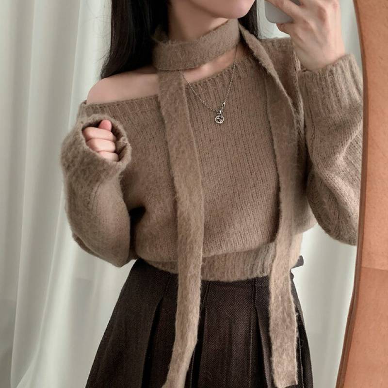 Solid Color Off-shoulder Sweater