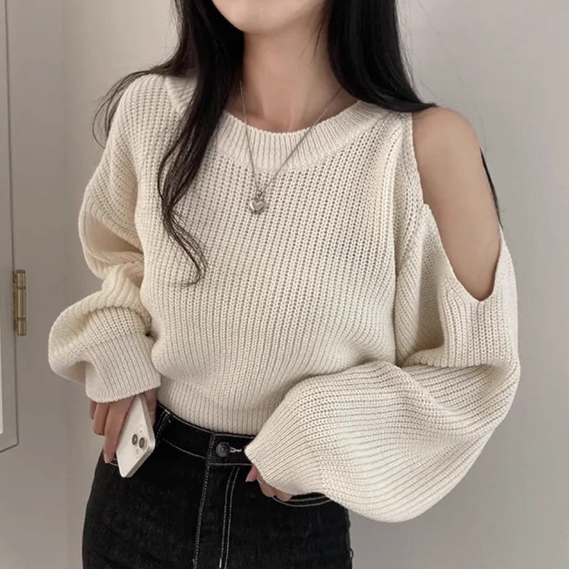 Solid Color Off Shoulder Round Neck Sweater