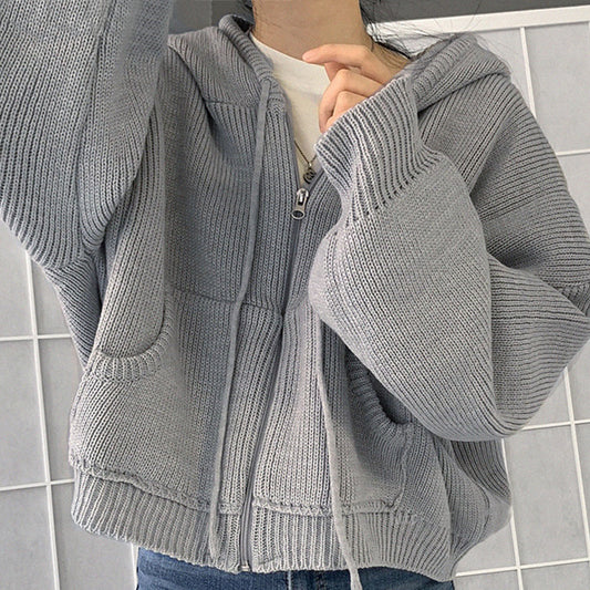 Solid Color Oversized Hooded Zip Up Cardigan