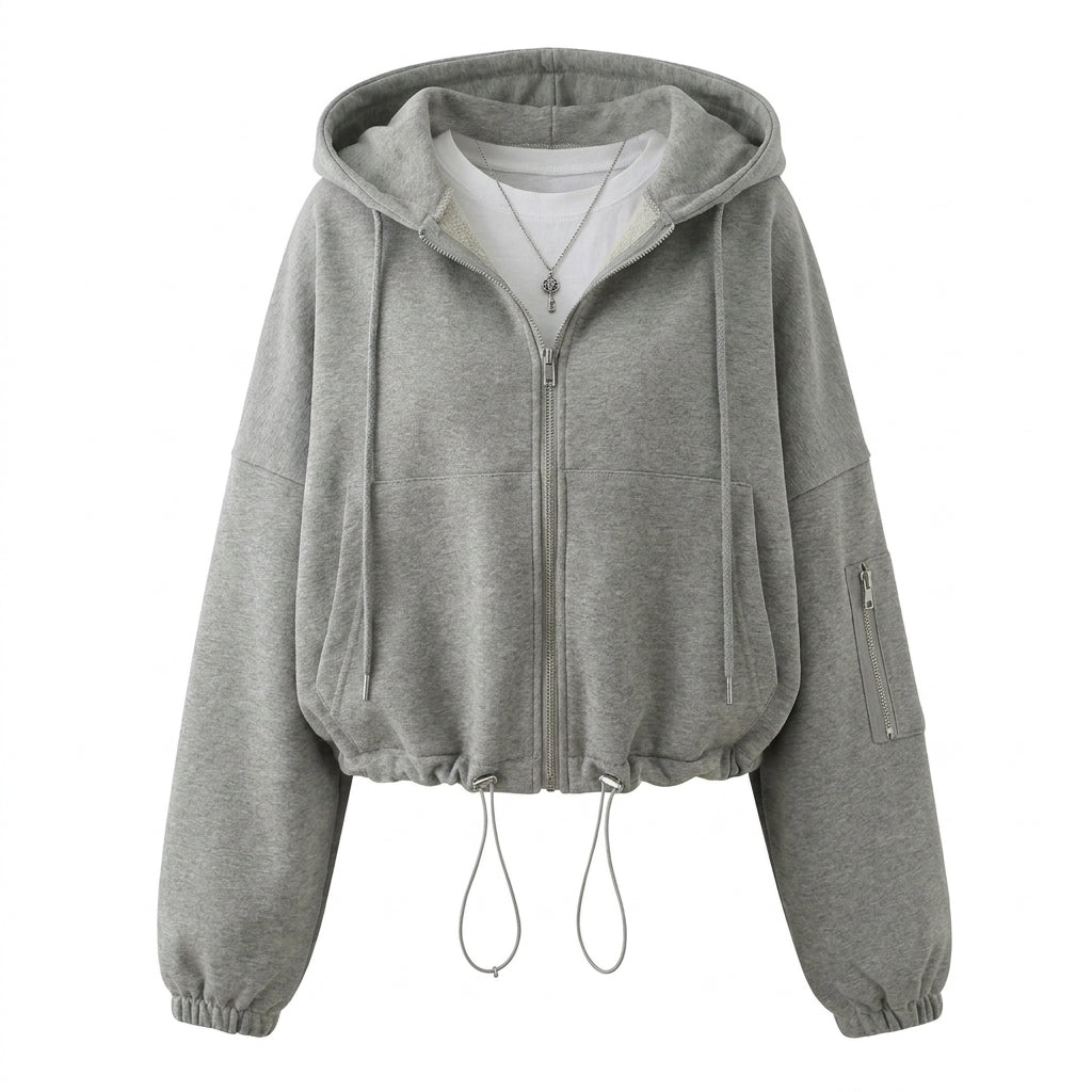 Gray hoodie with a zipper on a white background