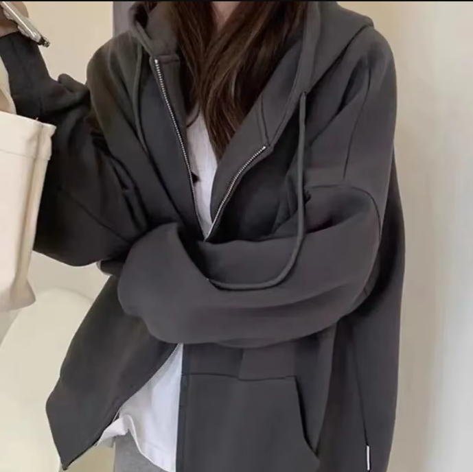 Solid Color Oversized Zip Up Loose Hoodie