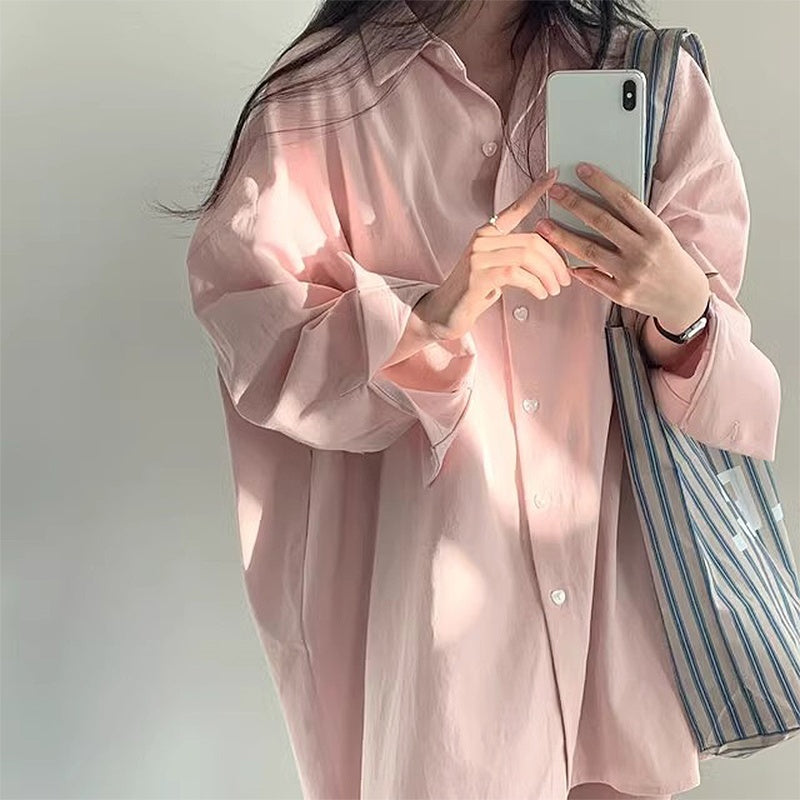 Solid Color Polo Collar Long Sleeve Loose Blouse