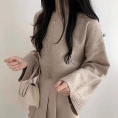 Solid Color Round Collar Pullover Crop Sweater