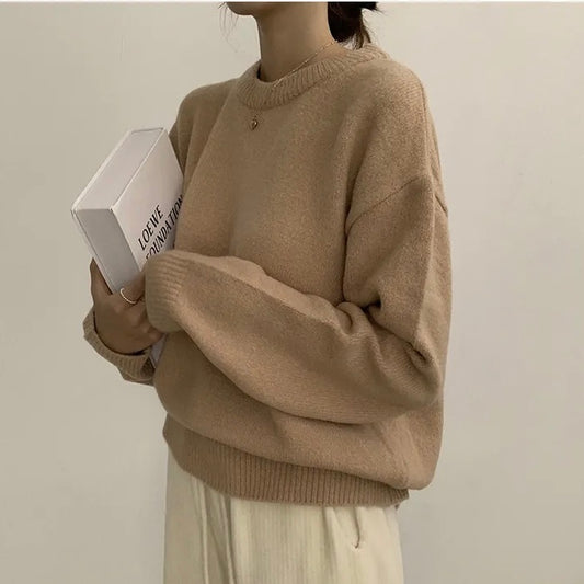 Solid Color Round Neck Pullover Sweater - fairypeony