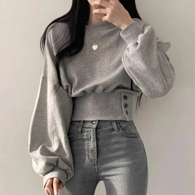 Solid Color Round Neck Side Button Crop Sweatshirt