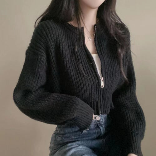 Solid Color Round Neck Zip Up Cardigan