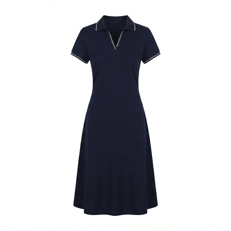 Navy blue dress with a white collar on a white background