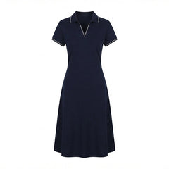 Navy blue dress with a white collar on a white background